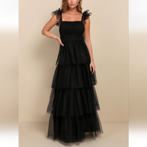 NWT Lulus Tulle For Love Black Mesh Tulle Tiered Ruffled Maxi Dress - Picture 12 of 12